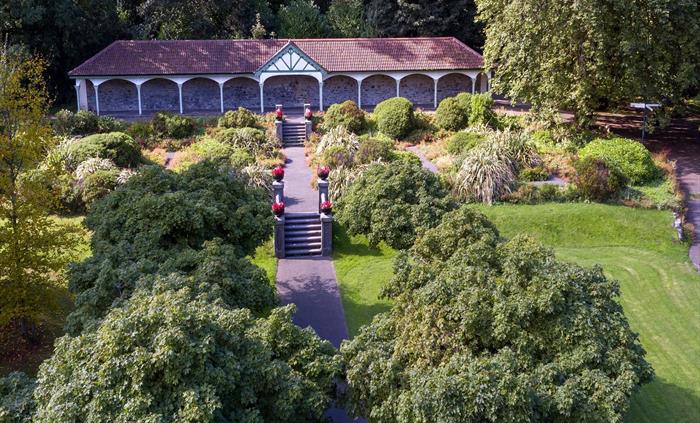 A shot of the Long Shelter where you can sit and relax and take in the gorgeous gardens.  Also a beautiful backdrop for wedding photos.